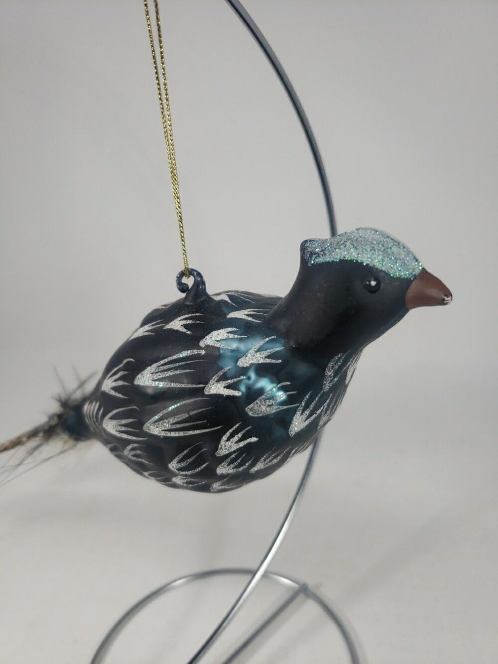 Blown Glass Bird Christmas Tree Ornament Feathers Glitter Dark Green Unique